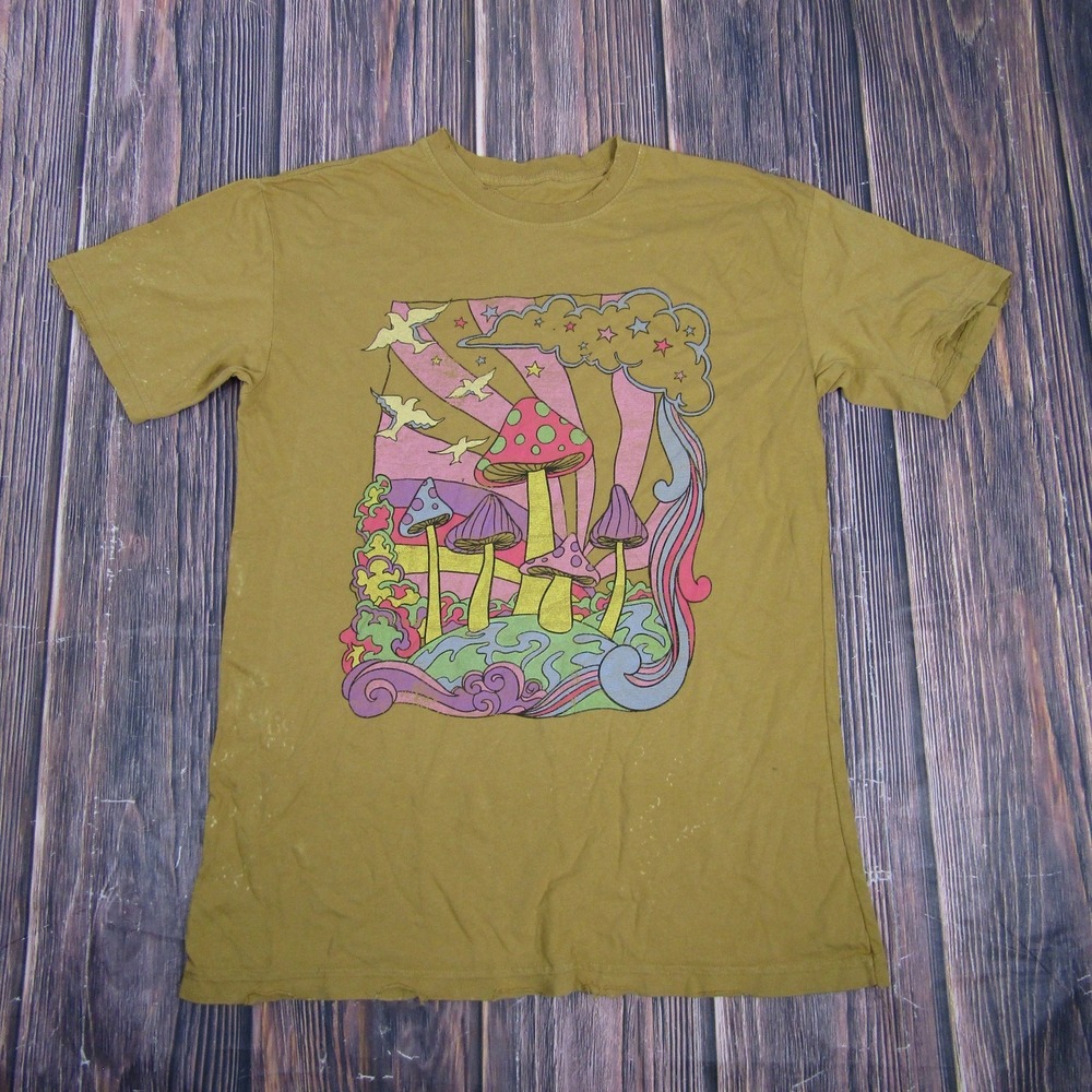 American Highway Shirt Mens Medium Olive Green Psychedelic Mushroom Graphic Tee